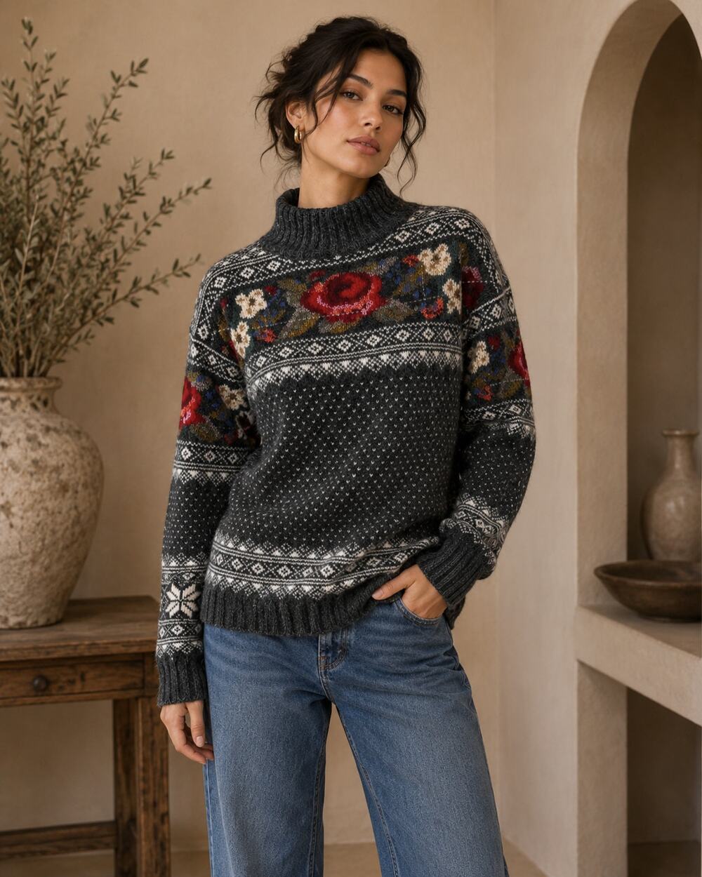 Icelandic Wool Sweater Floral Fair Isle Nordic Mock Neck Gray Cottagecore SZM